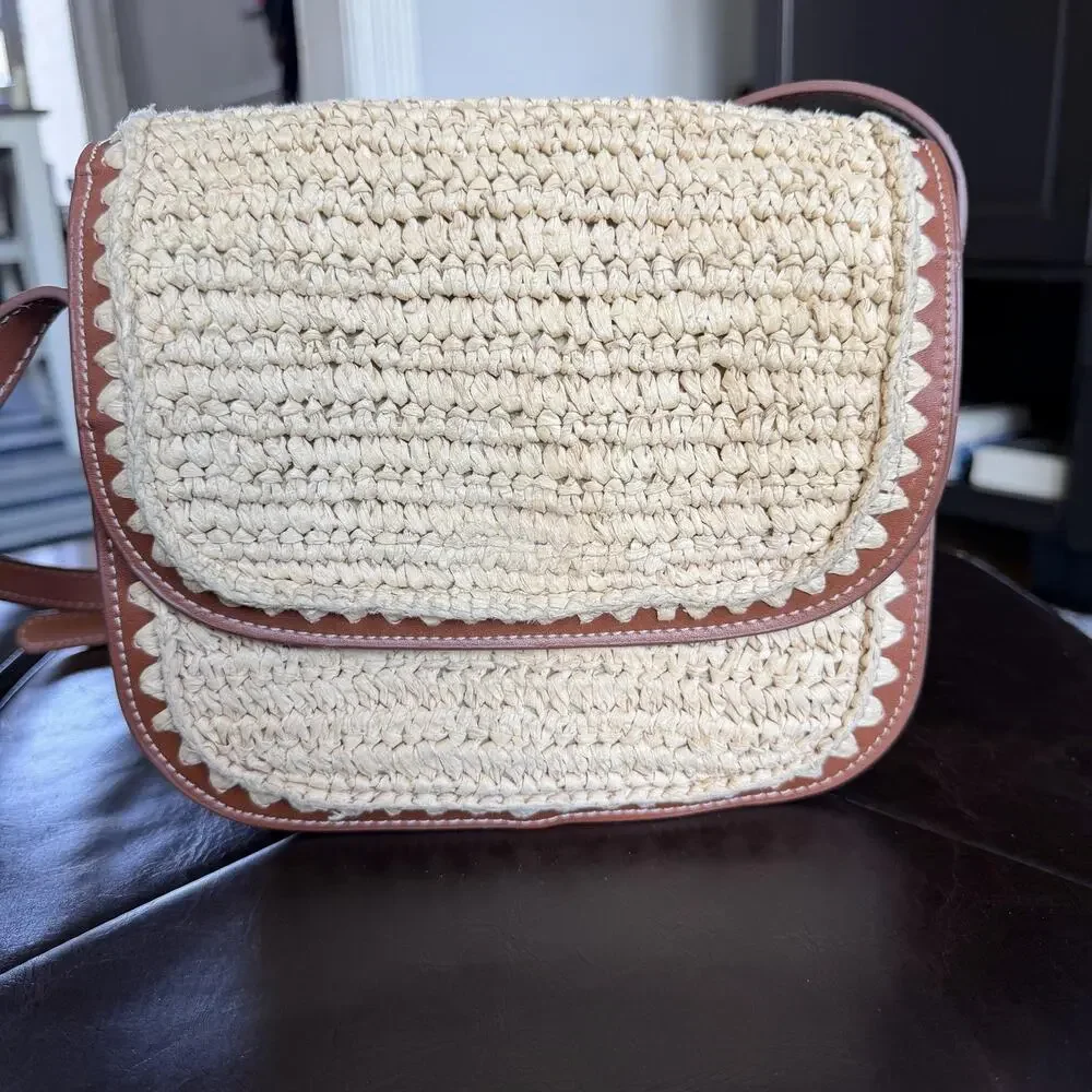 MNG Crossbody Bag Womens Small Beige Straw Brown Trim Scalloped Boho Beach